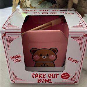 Pink Bear Take Out Bowl Ceramic  with Chopsticks NIB